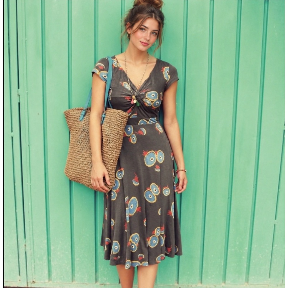 BODEN Women's Midi Dress 6R Floral Twist Knot Front Fit Flare Navy WH496